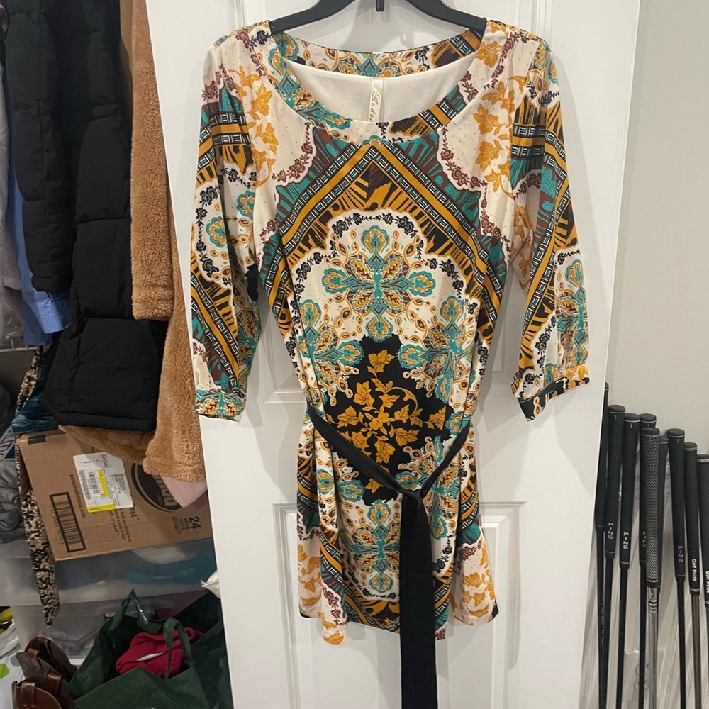 Andree Long Sleeve Boho Medallion Dress in Cream, Teal & Mustard
